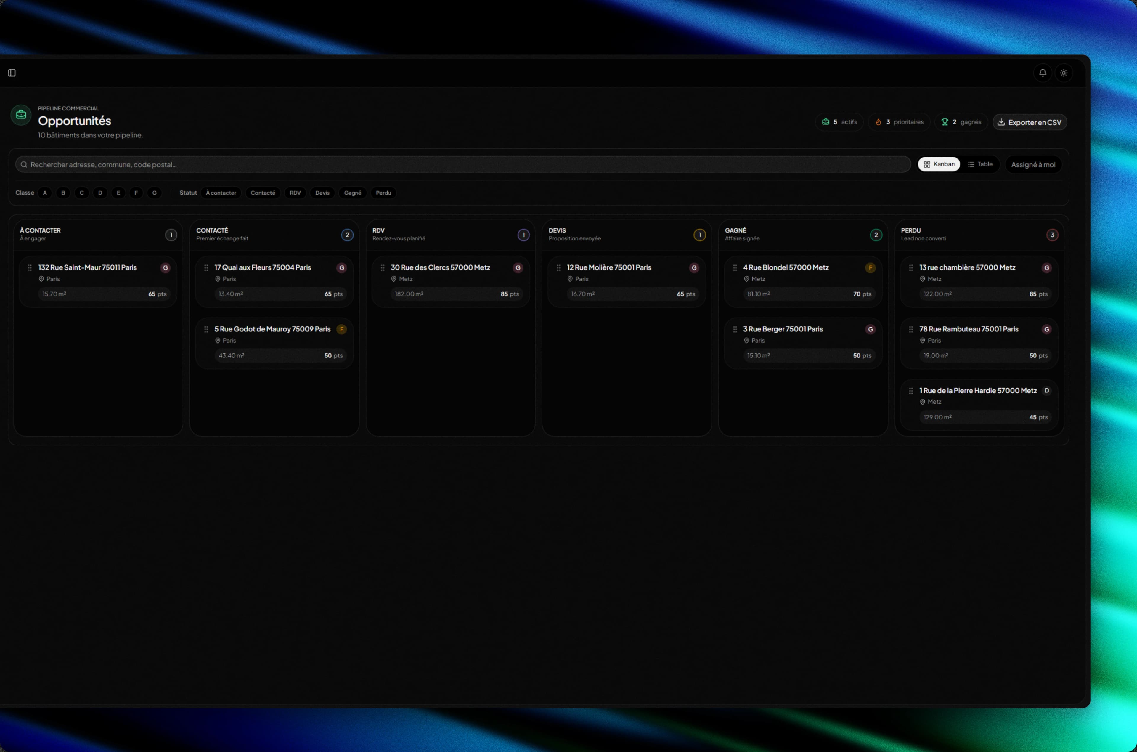 CRM terrain vue Kanban Seuilo